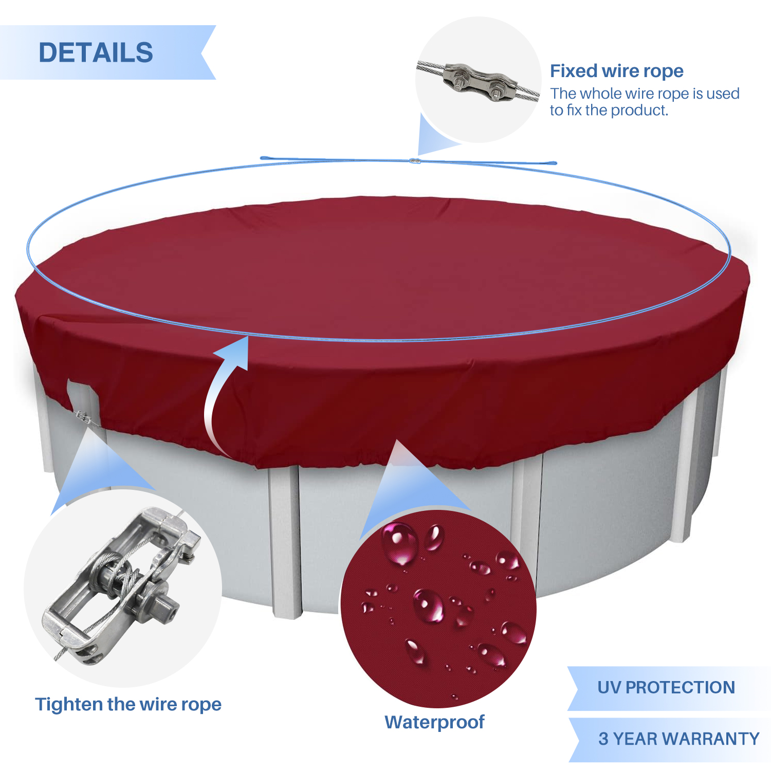 6-20ft Runde Oberirdische Schwimmbadabdeckung Wasserdicht Sicherheit Poolabdeckung Rot - Bild 2 von 7