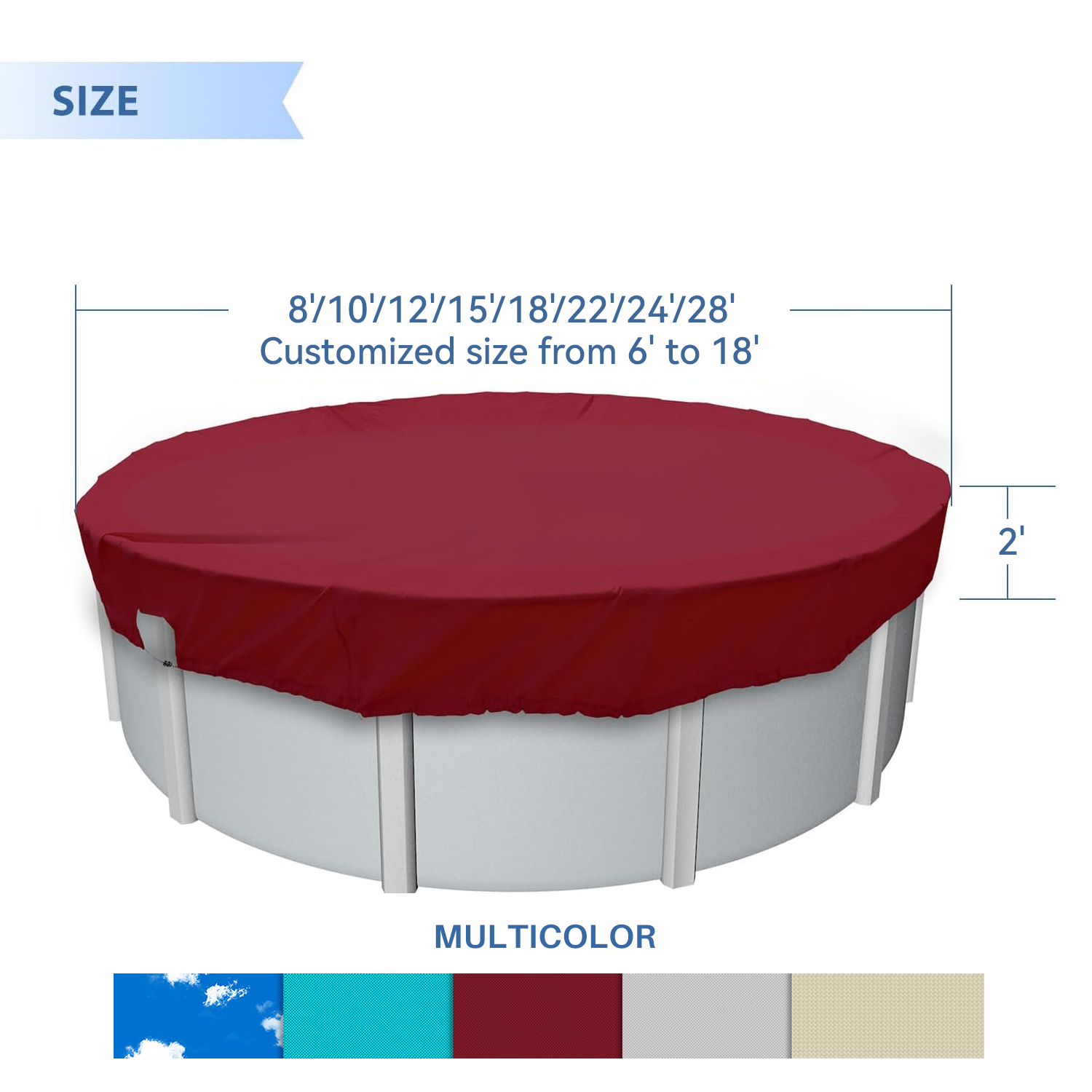 6-20ft Runde Oberirdische Schwimmbadabdeckung Wasserdicht Sicherheit Poolabdeckung Rot - Bild 3 von 7